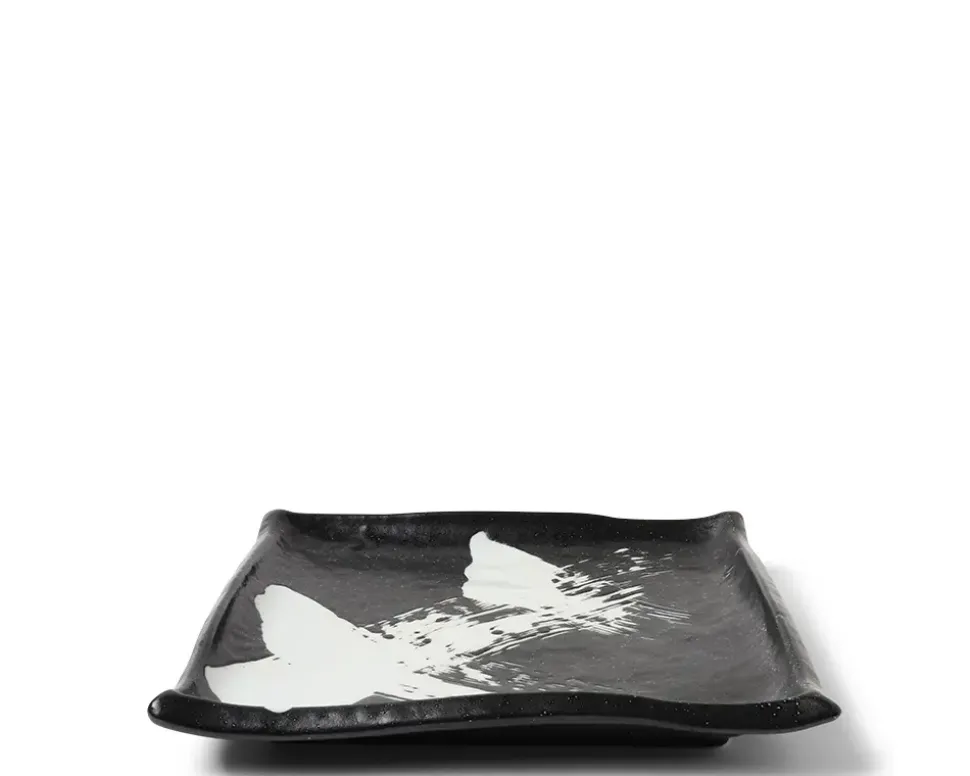 black__white_brush_square_2.webp MIYA Company Medium Plates^Black & White Brush Square Plate