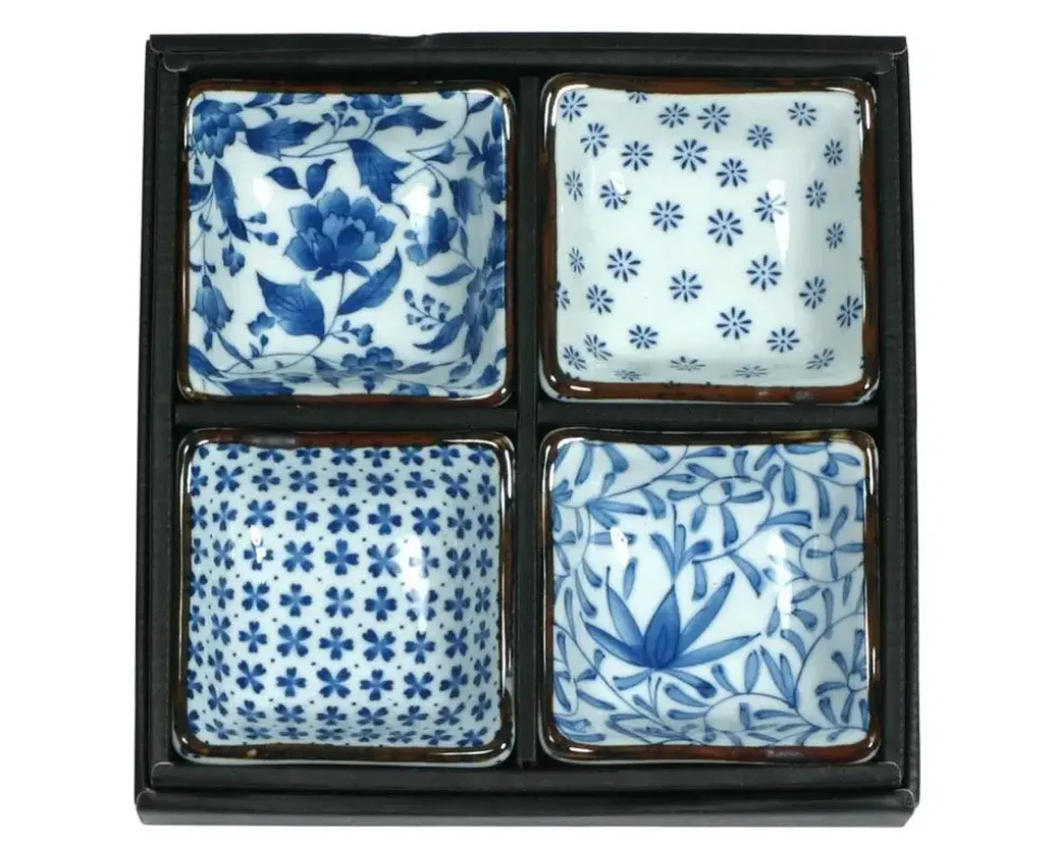 blue__white__sq_sauce_dis_2.webp MIYA Company Sauce Dishes^Blue & White 3.25" Sq. Sauce Dish Set