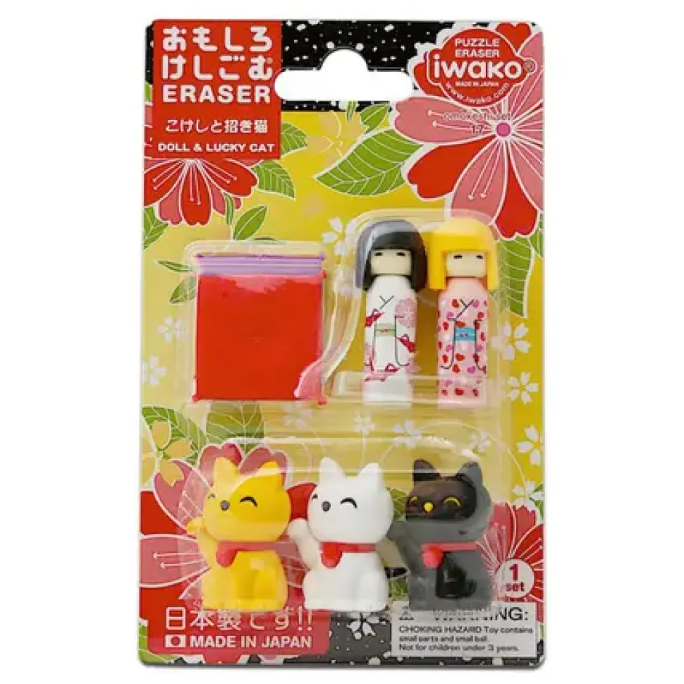 iwako_kokeshi_fortune_cat_0.webp MIYA Company Figurines^Iwako Kokeshi Fortune Cat Eraser Pack At Miya
